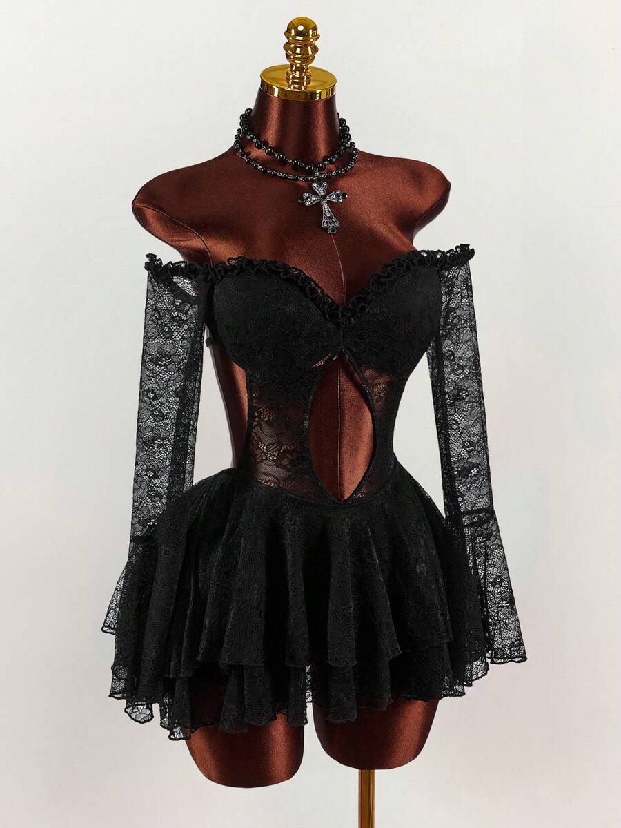 Amplova 女士纯色蕾丝拼接透视露肩性感长袖迷你连衣裙 - 黑色 - 查看 1