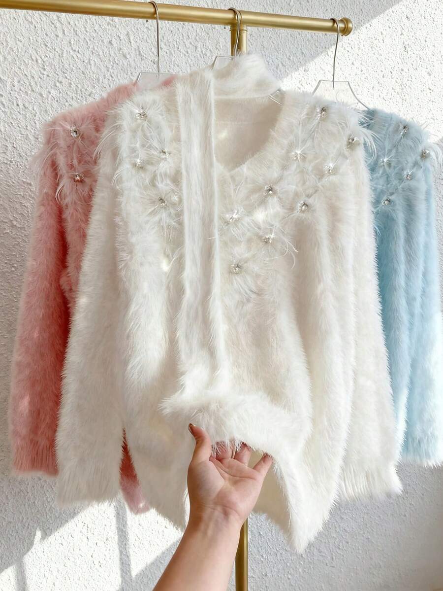 Franclia 女士时尚优雅白色纯色蓬松V领落肩宽松套头毛衣，适合秋冬季圣诞节新年感恩节派对 - 米色 - 查看 1