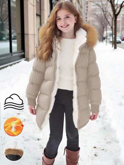 Tween Girl Outdoor Casual Hooded Zip-Up Padded Coat, Suitable For Daily Commute, Winter