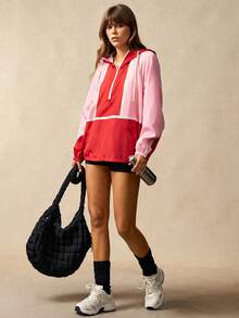 VARSIVA Contrast Color Drawstring Zipper Front Hooded Loose Casual Women Outdoor Jackets - Multicolor - View 3