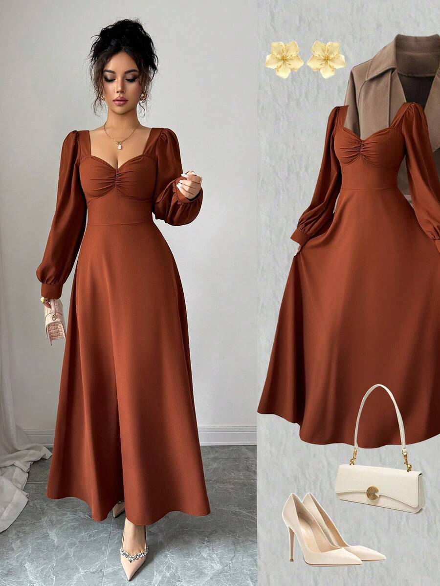 SHEIN PETITE 女士优雅方领泡泡袖束腰长裙，适合日常通勤 - 棕色 - 查看 1