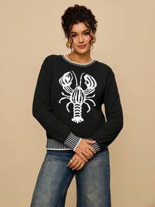 Travachic Plus Size Women Striped Contrast Color Casual Pullover Sweater With Lobster Graphic, Suitable For Holiday, Autumn/Winter - Black - View 3