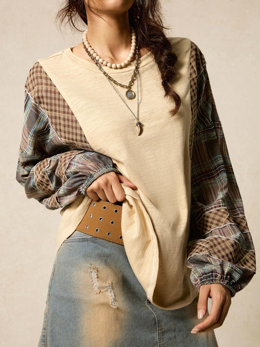 SoleilVie Áo sweatshirt dài tay màu trắng kẻ caro TXV thời trang thu/đông, kiểu dáng rộng rãi phong cách Bohemian, màu nâu, thích hợp cho các hoạt động mùa đông dành cho nữ dịp Giáng sinh và Năm mới. - Nhiều màu - Xem 1