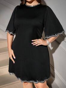 SHEIN Clasi Vestido de fiesta elegante de manga media larga y longitud media para mujer talla grande, vestido de fiesta de Navidad - Negro - Ver 5