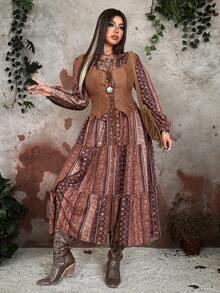 Whyspr Váy dài tay màu nâu cài nút phía trước, xẻ tà và buộc eo, phong cách Bohemian, tôn dáng cho người ngoại cỡ, trang phục đi nghỉ - màu nâu - Xem 4