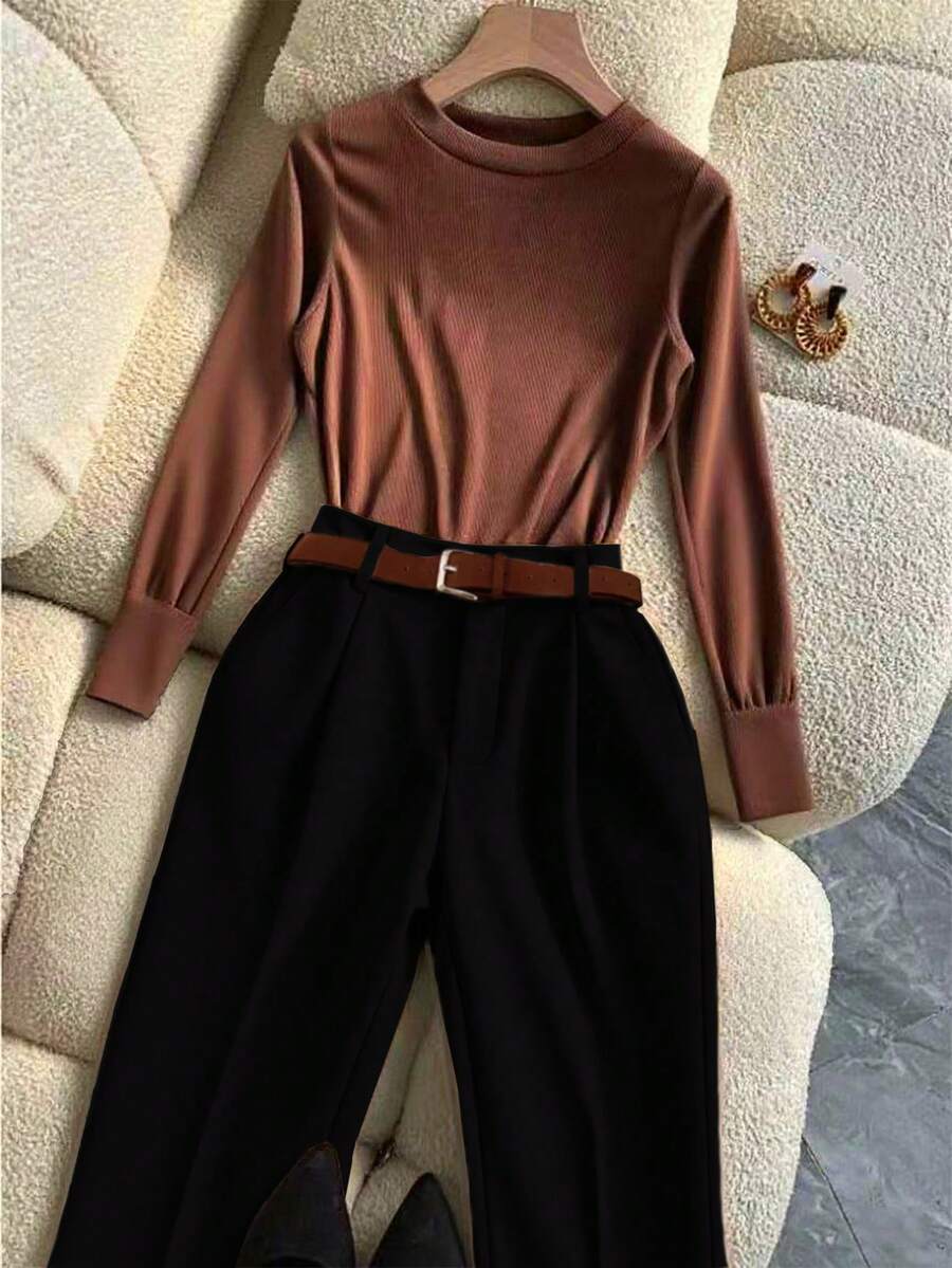SHEIN Franclia 2pcs Women's Fashionable Casual High-Quality Ribbed Top And Solid Color Pants Set, Spring/Autumn - Multicolor - View 1