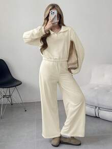 2-teiliges Set: Damen & Teenager Mädchen unifarbener Crop Sweatshirt mit Stehkragen und Langarm + weite Schlupfhose Set, lässige Sportkleidung, minimalistisch & elegant