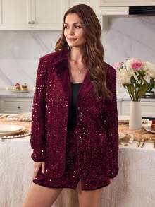 Lyxana Bộ vest blazer dài tay thanh lịch, đính sequin màu sắc đơn giản dành cho nữ kèm chân váy ngắn màu trơn, trang phục 2 món - Màu Đỏ Sâu - Xem 3