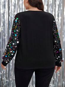 SHEIN LUNE Áo đen chắp vá sequin dáng rộng cỡ lớn, áo sequin lấp lánh mùa đông thu 2025 năm mới Giáng sinh - màu đen - Xem 6