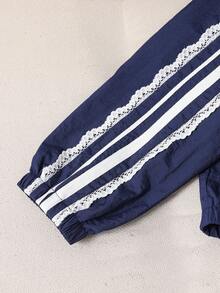 Genkimix Kids 少女休闲日常通勤运动风蝴蝶结刺绣撞色条纹侧边系带拉链连帽外套 - 藏蓝色 - 查看 4