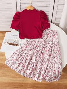 SHEIN Tween Girl Pearl Decor Round Neck Puff Sleeve T-Shirt And Floral Print Skirt Casual Set - Multicolor - View 3