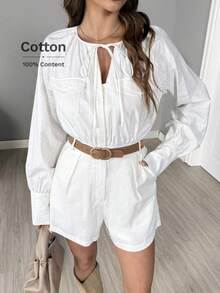 Easowa Tie Collar Bow Decor, Oblique Pockets, Lantern Sleeves, Button Front, Long Sleeve Jumpsuit Shorts, Casual Relaxed Elegant Commuter Vintage Style For Women, Autumn/Winter - White - View 4