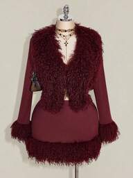 SHEIN ICON Plus Size Wine Red Faux Fur Collar Patchwork Knit Long Sleeve Bodycon Skirt Burgundy Outfit Women Maroon Outfits For Women/Winter Fringe Outfits Women