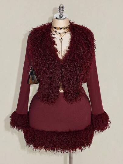 SHEIN ICON Plus Size Wine Red Faux Fur Collar Patchwork Knit Long Sleeve Bodycon Skirt Burgundy Outfit Women Maroon Outfits For Women/Winter Fringe Outfits Women