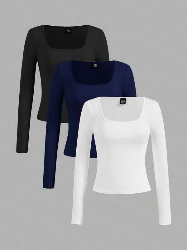 Slaydiva 3pcs/Set Solid Color Black, White, Blue Versatile Crew Neck Plus Size T-Shirts, Basic Casual Tops For Women, Suitable For Spring And Autumn