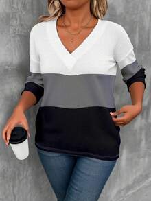 EMERY ROSE Camiseta de manga larga con cuello en V de unicolor y estampada para mujer de talla grande - Multicolor - Ver 3