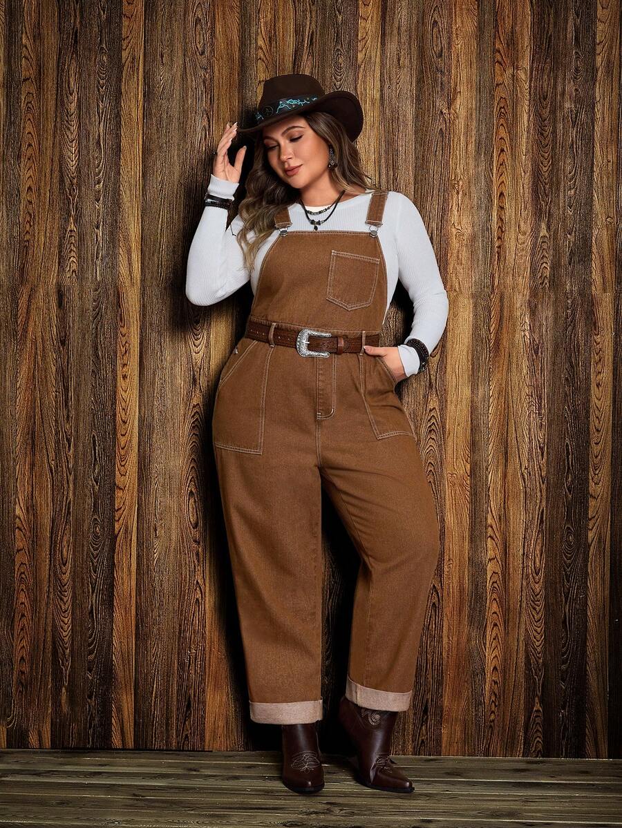 EMERY ROSE Plus Size Casual Retro Denim Bib Overalls - Brown - View 1