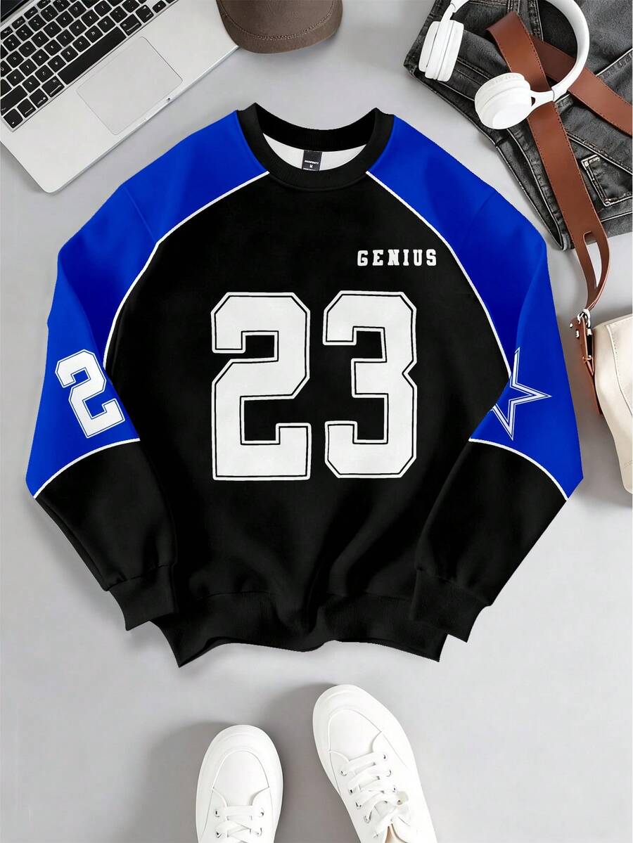 Manfinity Campus Court 男士蓝黑撞色23图案印花圆领套头卫衣 - 彩色 - 查看 1