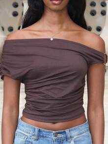Mima John Women's Solid Color Ruched Asymmetric Shoulder Summer Top - Coffee Brown - View 6
