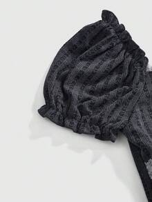 ROMWE Kawaii Hime Gyaru Cute Doll Sleeve Textured Fabric Women's Slim Fit T-Shirt - Grey - View 3