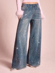 ROMWE EDITION Y2K Glittery Loose Wide Leg Women Denim Low Waist Jeans For Rave Party - Multicolor - View 5