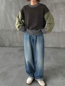 FRIFUL 女士撞色宽松圆领落肩长袖休闲套头毛衣，秋冬款 - 咖啡棕 - 查看 2