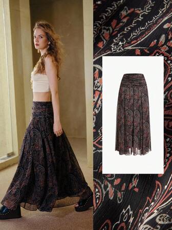 MOTF STUDIO Falda acampanada de cintura alta con pliegues y estampado de paisley