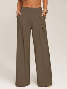 Silquee Women's Casual Solid Color Wide Leg Pants,Fall - Brown - View 1