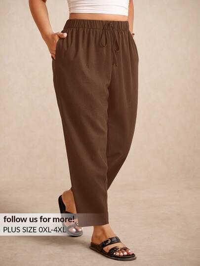 Elaquor Pantalones informales de tiro alto con cordón y bolsillo, unicolor, para tallas grandes