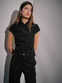 Nöista Two Pieces Coordinated Set Featuring A Short-Sleeve Top And Wide-Leg Pants With Geometric Pattern Detailed Chinese Buttons - Black - View 8