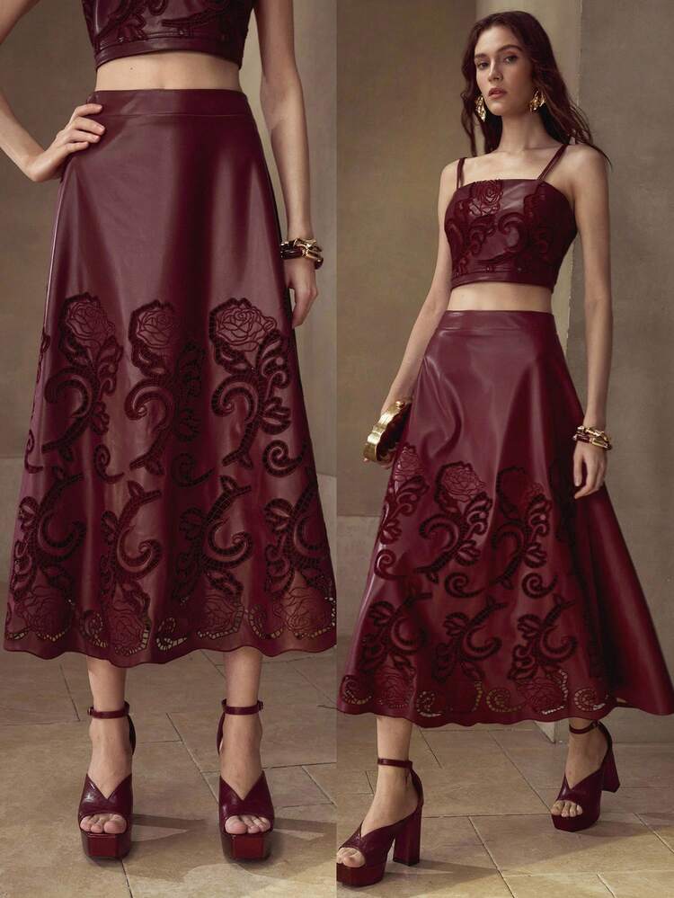 EMBROIDERY PU LEATHER A-LINE SKIRT