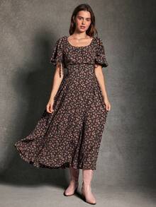 WESTFADE Dark Pink Ditsy Floral Print Scoop Neck Bow Tie Puff Sleeve Shirred Fit & Flare A Line Midi Dress,Summer Cottage Core Tea Party,Boho Coastal Cowgirl - Multicolor - View 5