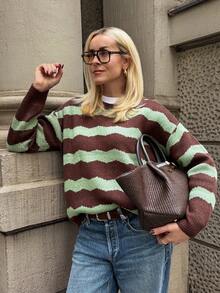 Vivie Lora Women's Striped Patchwork Loose Casual Sweater - Brown - View 6