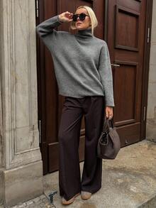 Vivie Lora Women's Gray Loose Fit Turtleneck Long Sleeve Sweater - Grey - View 6