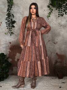 Whyspr Váy dài tay màu nâu cài nút phía trước, xẻ tà và buộc eo, phong cách Bohemian, tôn dáng cho người ngoại cỡ, trang phục đi nghỉ - màu nâu - Xem 3