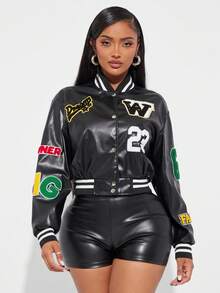 Radiana Áo khoác bóng chày màu tương phản độc đáo thiết kế kiểu Mỹ mới cho mùa thu dành cho nữ, áo khoác ngoài rộng rãi có thêu và da PU - màu đen - Xem 6