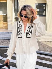 Serisse Blusa con cuello con muesca y bordado floral, estilo francés casual para oficina, elegante y minimalista, ideal para uso diario, citas, bodas, estilo "old money", fiestas nacionales y Acción de Gracias - Multicolor - Ver 1