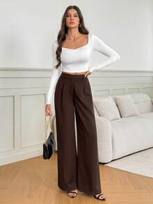 SHEIN Tall Quần ống rộng cạp cao màu trơn đơn giản, thoải mái, phong cách thường ngày thu đông - Cà phê nâu - Xem 3