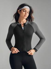 SHEIN Sports 女士时尚健身跑步撞色拉链前开设计长袖修身立领瑜伽运动夹克 - 彩色 - 查看 4