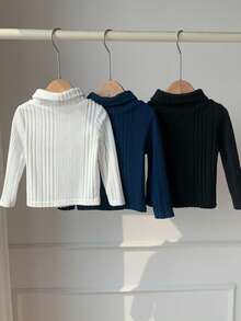 SHEIN 3pcs Baby Boy Soft Knit Casual Versatile Turtleneck Long Sleeve Pullover Tops, Suitable For Autumn & Winter Baby Solid Color Knitted Sweater Baby Turtle Neck  Thanksgiving Gift
