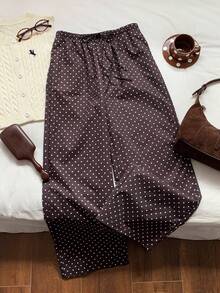 少女波点抽绳腰带休闲百搭阔腿裤，适合日常穿着 - 棕色 - 查看 6