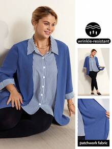 Momelise 大码条纹拼布长袖开衫，纽扣长袖二合一衬衫上衣，秋冬