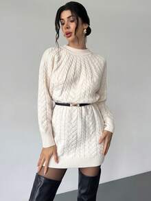 Firerie Women's Cream White Cable Knit Lantern Sleeve Sweater Dress,Elegant Crew Neck Mini Dress For Autumn,Casual Brunch,Work Outfit,Cozy Winter Clothing - Apricot - View 2