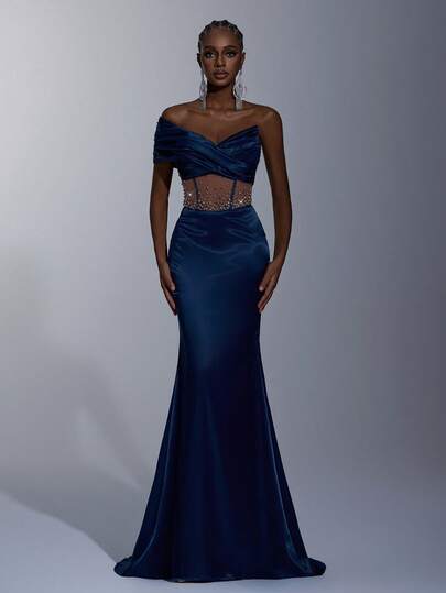 Elitara Elegant Luxury Vintage Woven Elastic Satin Patchwork Skin-Colored Handmade Beaded Fabric Bodycon Fish Tail Hem Dress, Suitable For Cocktail Parties, Galas, Music Festivals, Banquets, Business Events And Other Formal Occasions For Ladies