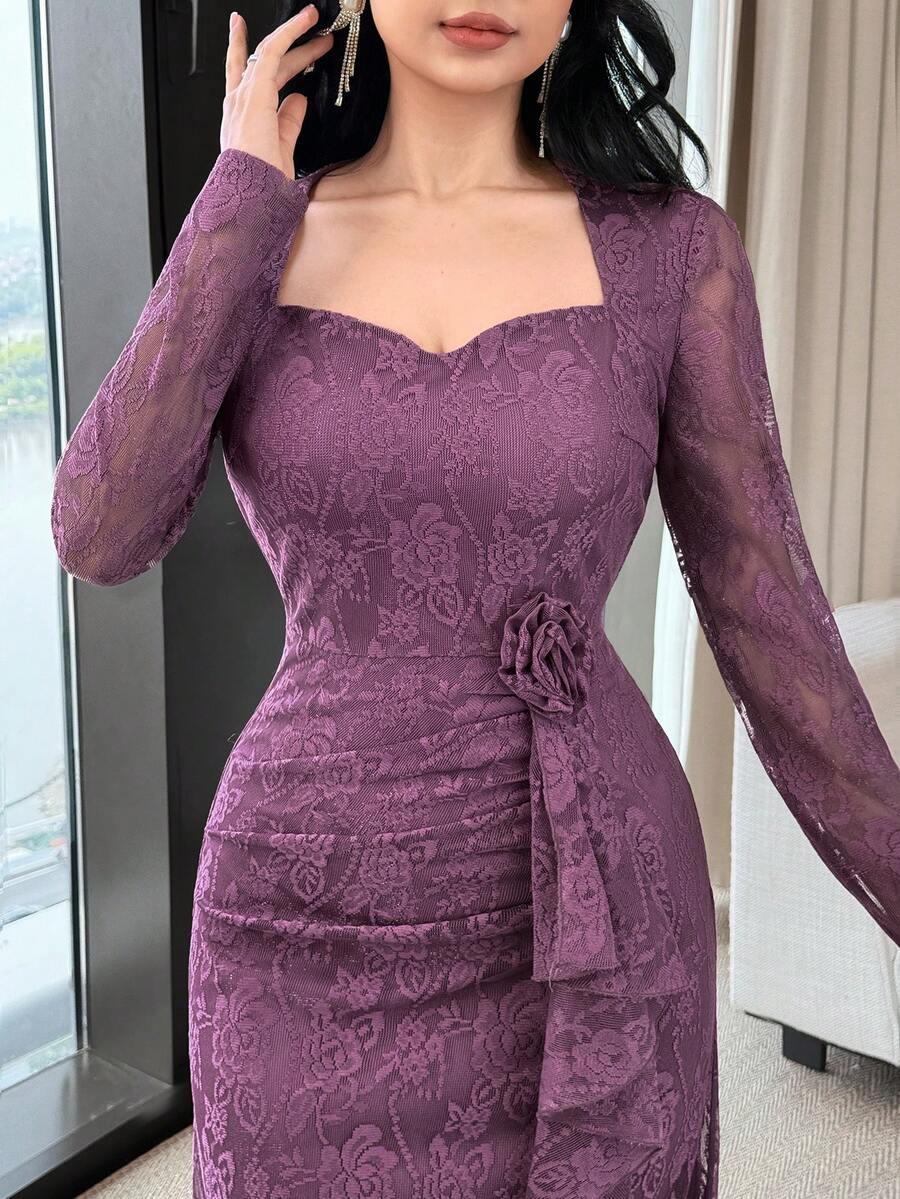 Feyla New Lace Waist Ruffle Floral Cinched Waist Elegant High-End Party Dress - Dusty Purple - View 1