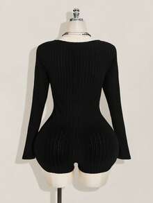 SHEIN ICON Bộ đồ liền thân tay dài cổ lọ màu đen cổ điển thường ngày cỡ lớn dành cho nữ, mùa thu/đông - màu đen - Xem 2