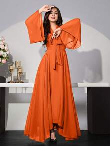 Modelyn Đầm suông cổ bẻ tay loe màu trơn thanh lịch dành cho nữ - trái cam - Xem 4