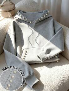 Resyla 女士休闲针织长袖连帽卫衣，带口袋和珍珠装饰，外出上衣，适合秋冬季穿着 - 灰色 - 查看 1