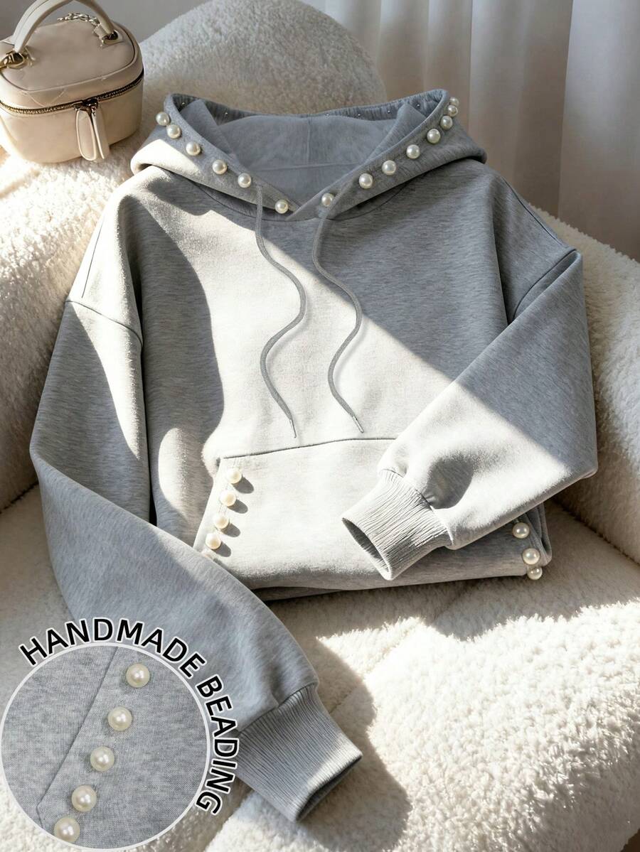 Resyla 女士休闲针织长袖连帽卫衣，带口袋和珍珠装饰，外出上衣，适合秋冬季穿着 - 灰色 - 查看 1