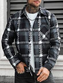 Manfinity Homme Men's Casual Plaid Print Button Woolen Streetwear Black And White Long Sleeve Overcoat Old Money, Fall/Winter